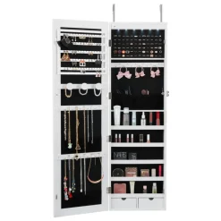 VEVOR Mirror Jewelry Cabinet, 47.05-Inch Tall Lockable Jewelry Cabinet Armoire with Full-Length Mirror, Wall or Door Mounted Jewelry Mirror Organizer with LED Interior Lights and Velvet Lining, White
