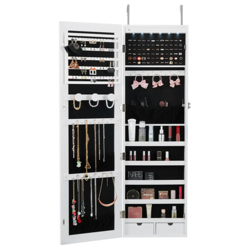 VEVOR Mirror Jewelry Cabinet, 47.05-Inch Tall Lockable Jewelry Cabinet Armoire with Full-Length Mirror, Wall or Door Mounted Jewelry Mirror Organizer with LED Interior Lights and Velvet Lining, White