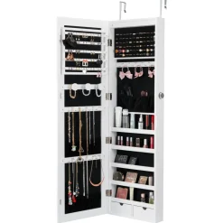 VEVOR Mirror Jewelry Cabinet, 47.05-Inch Tall Lockable Jewelry Cabinet Armoire with Full-Length Mirror, Wall or Door Mounted Jewelry Mirror Organizer with LED Interior Lights and Velvet Lining, White
