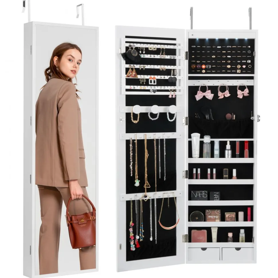 VEVOR Mirror Jewelry Cabinet, 47.05-Inch Tall Lockable Jewelry Cabinet Armoire with Full-Length Mirror, Wall or Door Mounted Jewelry Mirror Organizer with LED Interior Lights and Velvet Lining, White