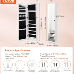 VEVOR Mirror Jewelry Cabinet, 47.05-Inch Tall Lockable Jewelry Cabinet Armoire with Full-Length Mirror, Wall or Door Mounted Jewelry Mirror Organizer with LED Interior Lights and Velvet Lining, White