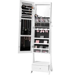VEVOR Mirror Jewelry Cabinet, Standing Mirror with Storage, Lockable Jewelry Mirror Organizer with Full Length Mirror, Velvet Lining, Interior LED Light, Drawer, Freestanding Jewelry Armoire, White