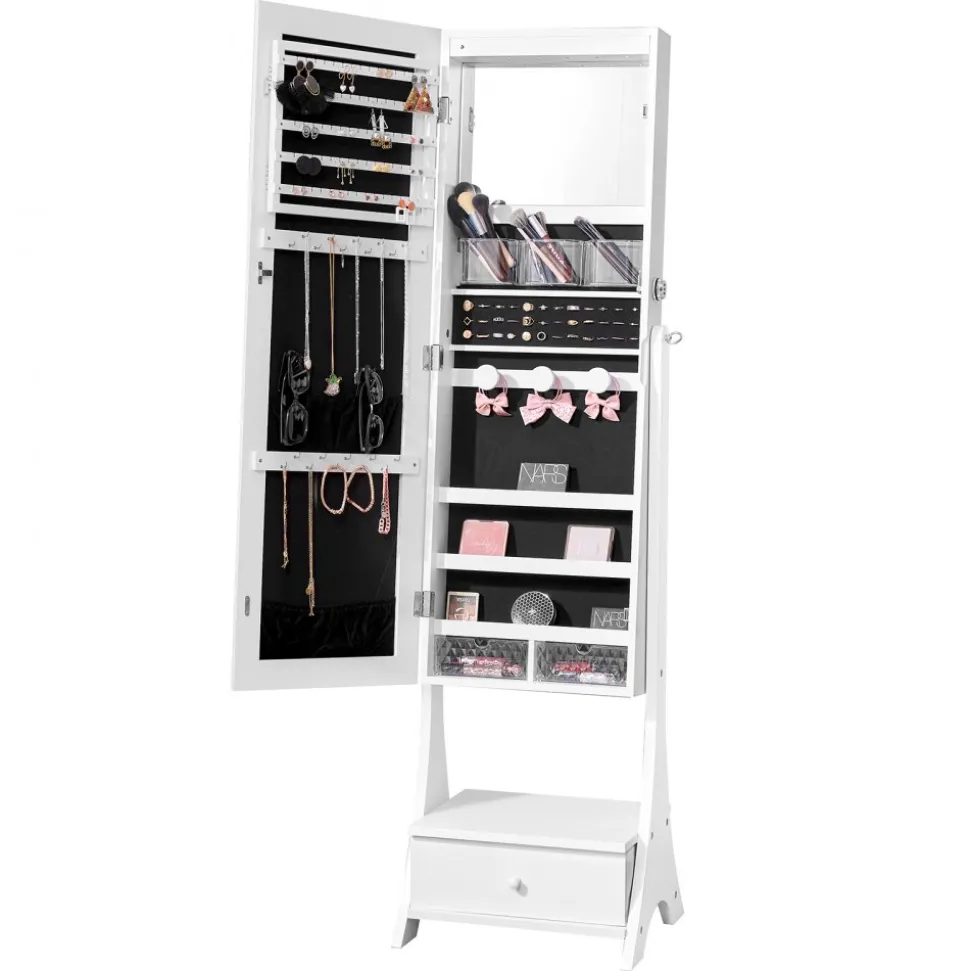 VEVOR Mirror Jewelry Cabinet, Standing Mirror with Storage, Lockable Jewelry Mirror Organizer with Full Length Mirror, Velvet Lining, Interior LED Light, Drawer, Freestanding Jewelry Armoire, White