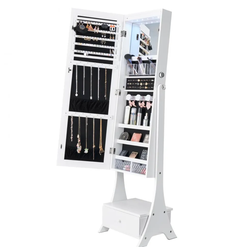 VEVOR Mirror Jewelry Cabinet, Standing Mirror with Storage, Lockable Jewelry Mirror Organizer with Full Length Mirror, Velvet Lining, Interior LED Light, Drawer, Freestanding Jewelry Armoire, White