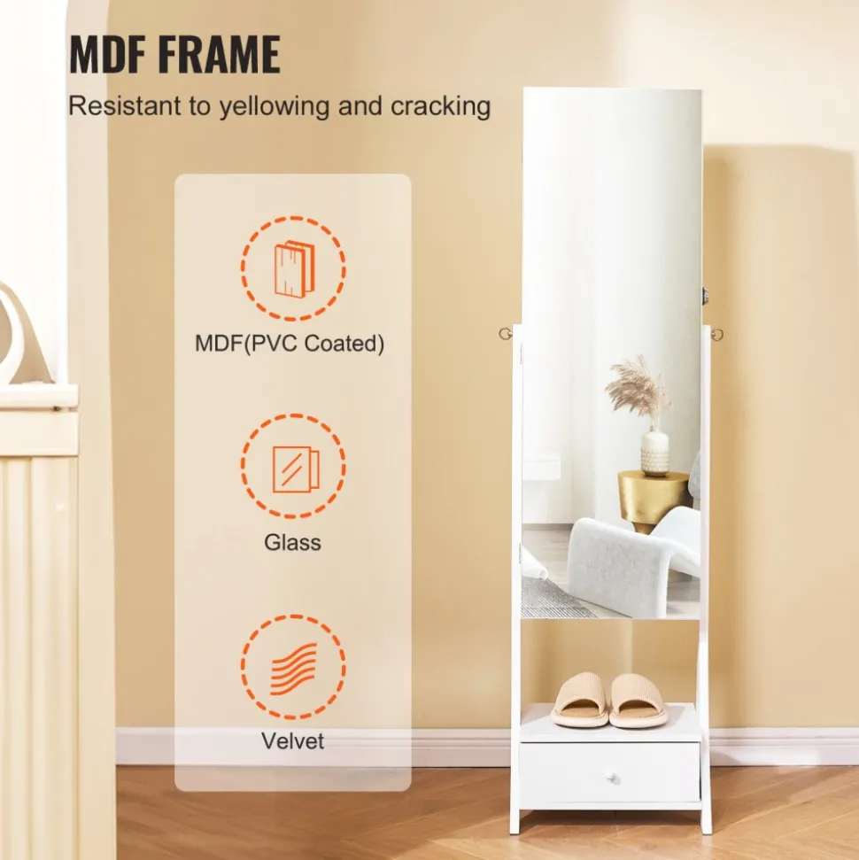 VEVOR Mirror Jewelry Cabinet, Standing Mirror with Storage, Lockable Jewelry Mirror Organizer with Full Length Mirror, Velvet Lining, Interior LED Light, Drawer, Freestanding Jewelry Armoire, White