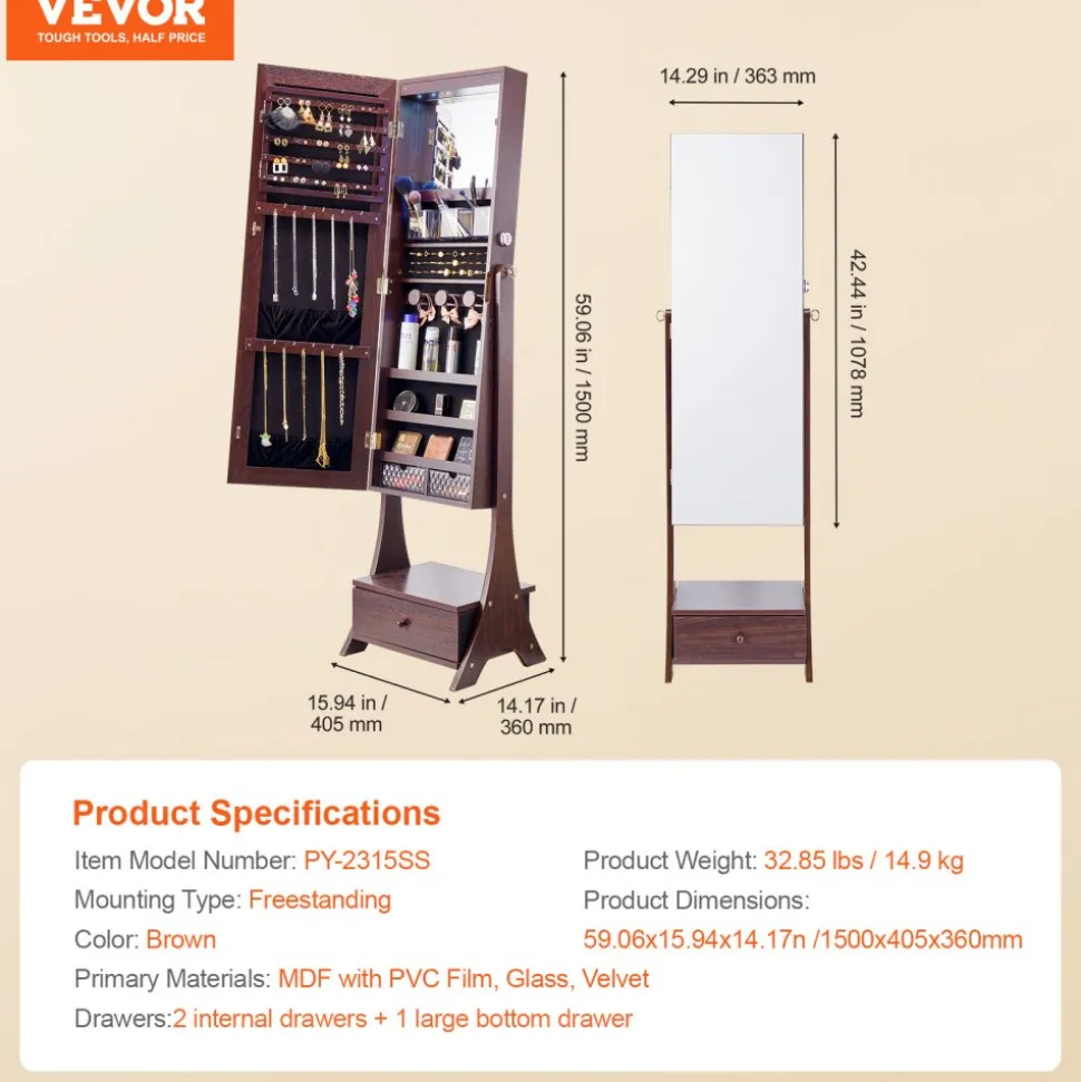 VEVOR Mirror Jewelry Cabinet, Standing Mirror with Storage, Lockable Jewelry Mirror Organizer with Full Length Mirror, Velvet Lining, Interior LED Light, Drawer, Freestanding Jewelry Armoire, Brown