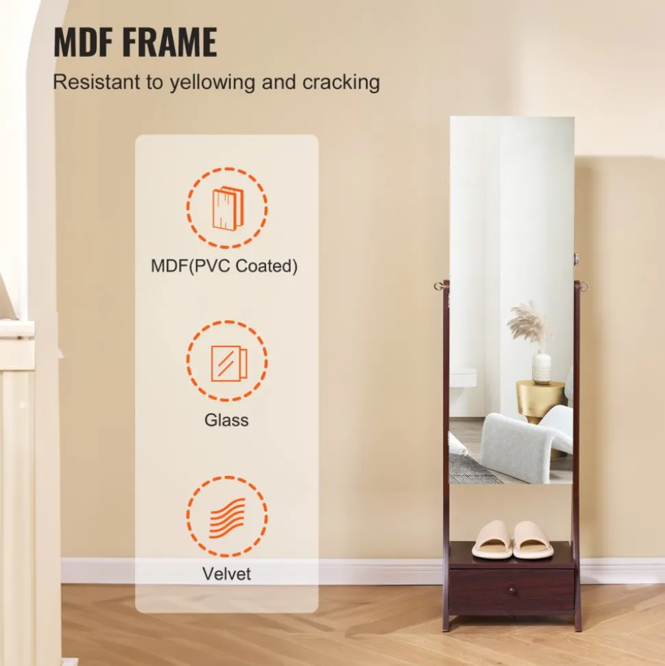 VEVOR Mirror Jewelry Cabinet, Standing Mirror with Storage, Lockable Jewelry Mirror Organizer with Full Length Mirror, Velvet Lining, Interior LED Light, Drawer, Freestanding Jewelry Armoire, Brown