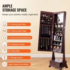 VEVOR Mirror Jewelry Cabinet, Standing Mirror with Storage, Lockable Jewelry Mirror Organizer with Full Length Mirror, Velvet Lining, Interior LED Light, Drawer, Freestanding Jewelry Armoire, Brown