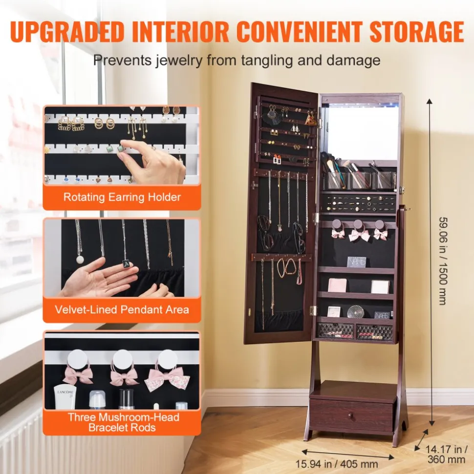 VEVOR Mirror Jewelry Cabinet, Standing Mirror with Storage, Lockable Jewelry Mirror Organizer with Full Length Mirror, Velvet Lining, Interior LED Light, Drawer, Freestanding Jewelry Armoire, Brown