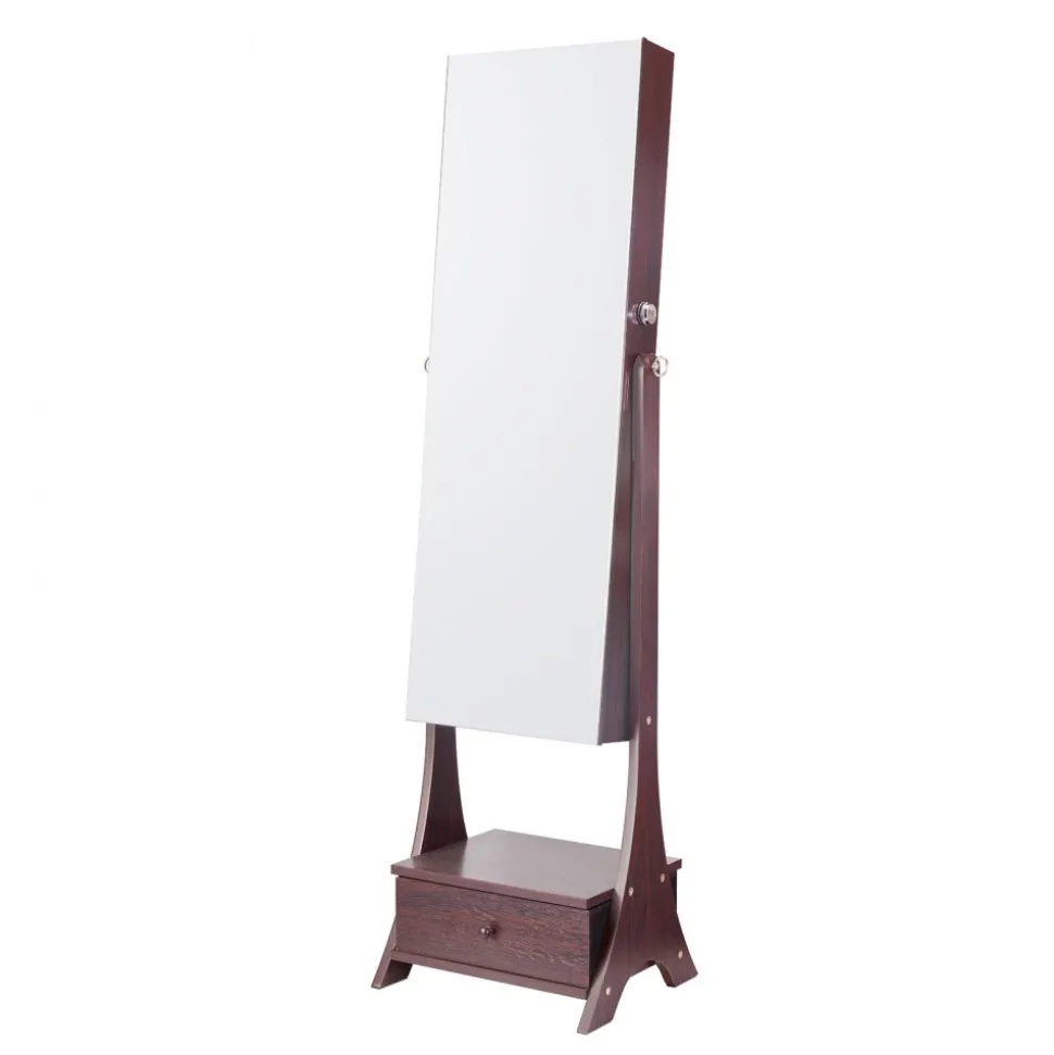 VEVOR Mirror Jewelry Cabinet, Standing Mirror with Storage, Lockable Jewelry Mirror Organizer with Full Length Mirror, Velvet Lining, Interior LED Light, Drawer, Freestanding Jewelry Armoire, Brown