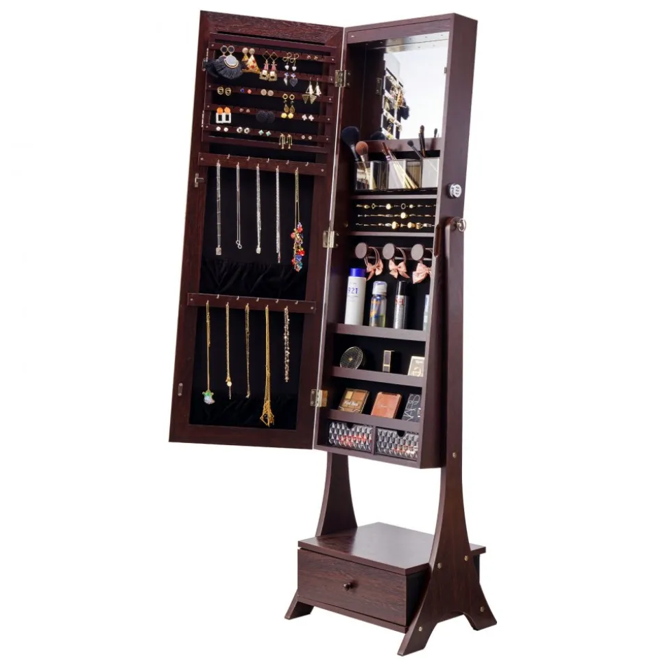 VEVOR Mirror Jewelry Cabinet, Standing Mirror with Storage, Lockable Jewelry Mirror Organizer with Full Length Mirror, Velvet Lining, Interior LED Light, Drawer, Freestanding Jewelry Armoire, Brown