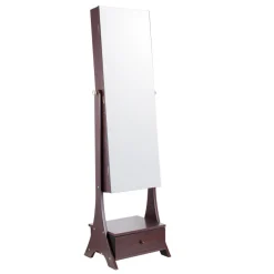 VEVOR Mirror Jewelry Cabinet, Standing Mirror with Storage, Lockable Jewelry Mirror Organizer with Full Length Mirror, Velvet Lining, Interior LED Light, Drawer, Freestanding Jewelry Armoire, Brown