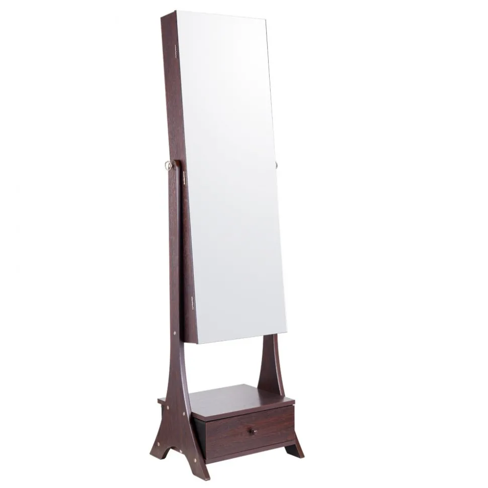 VEVOR Mirror Jewelry Cabinet, Standing Mirror with Storage, Lockable Jewelry Mirror Organizer with Full Length Mirror, Velvet Lining, Interior LED Light, Drawer, Freestanding Jewelry Armoire, Brown