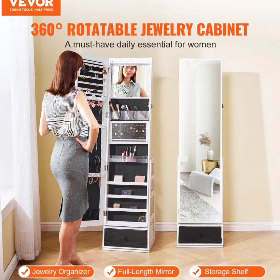 VEVOR Mirror Jewelry Cabinet, 360° Swivel Standing Mirror with Storage, Lockable Jewelry Mirror Organizer with Full Length Mirror, Velvet Lining, LED Light, Drawer, Freestanding Jewelry Armoire, White