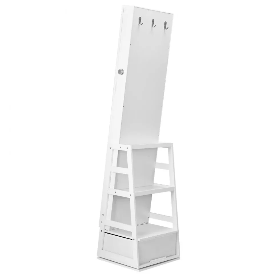 VEVOR Mirror Jewelry Cabinet, 360° Swivel Standing Mirror with Storage, Lockable Jewelry Mirror Organizer with Full Length Mirror, Velvet Lining, LED Light, Drawer, Freestanding Jewelry Armoire, White