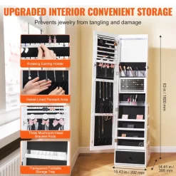 VEVOR Mirror Jewelry Cabinet, 360° Swivel Standing Mirror with Storage, Lockable Jewelry Mirror Organizer with Full Length Mirror, Velvet Lining, LED Light, Drawer, Freestanding Jewelry Armoire, White