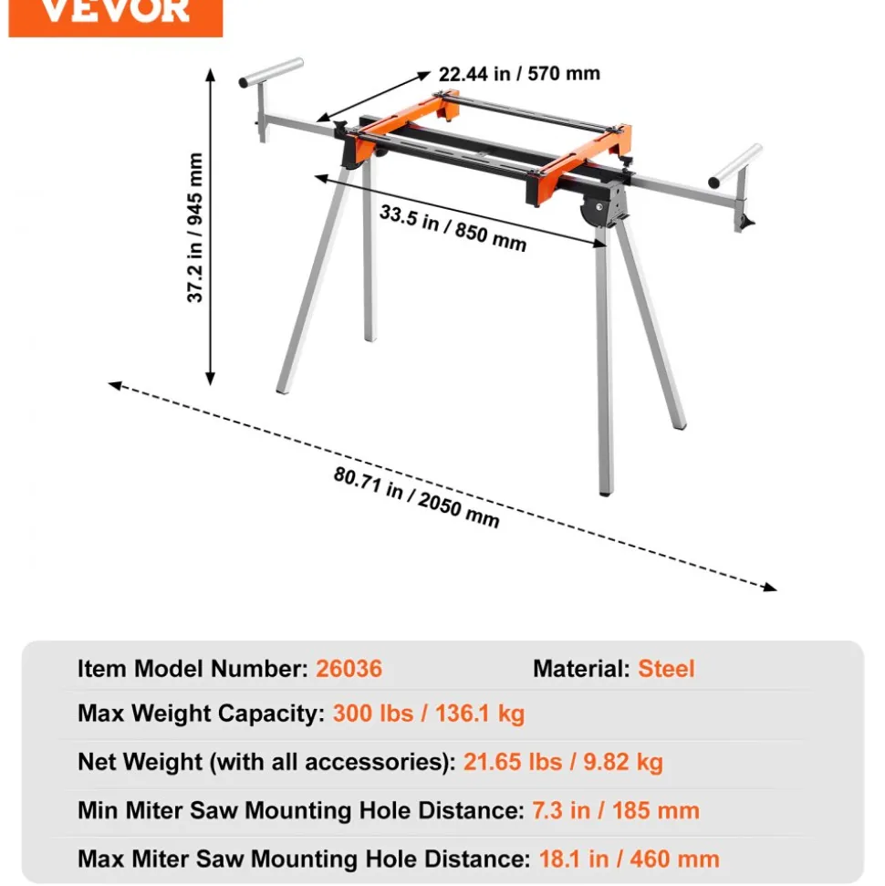 VEVOR Miter Saw Stand, 300lbs Load Capacity Steel Collapsible Stand for Miter Saw with One-piece Mounting Brackets Clamps, Adjustable Height and Length, Portable Compact and Folding Miter Saw Stand