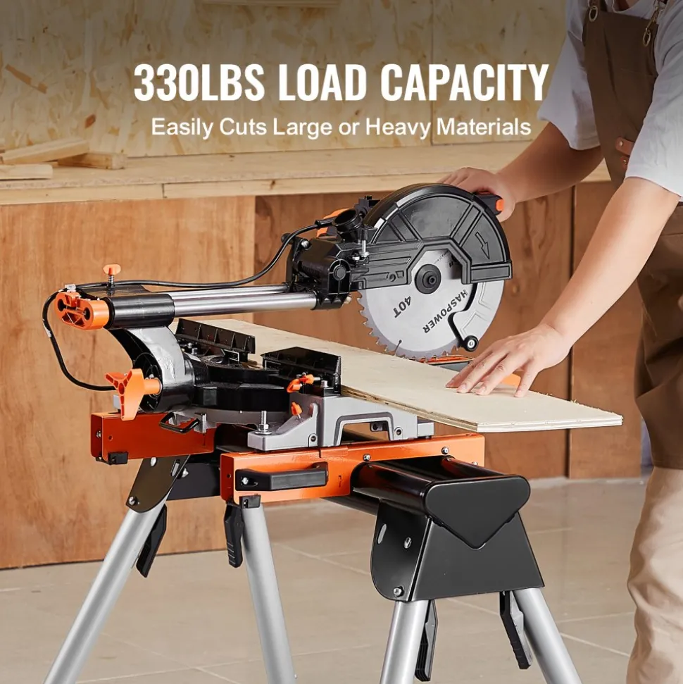 VEVOR Miter Saw Stand, 330lbs Load Capacity Steel Collapsible Stand for Miter Saw with One-piece Mounting Brackets Clamps, 29.1"-32.9" Adjustable Height, Portable Compact and Folding Miter Saw Stand
