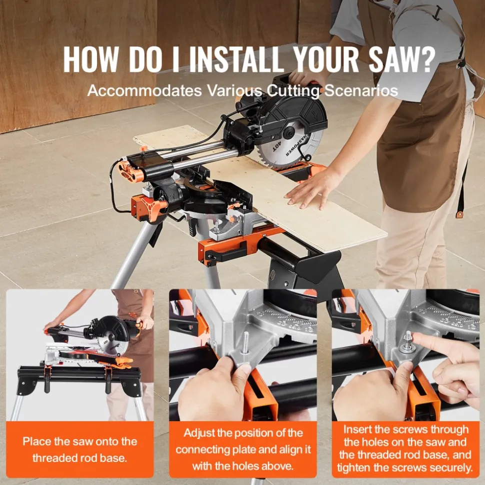 VEVOR Miter Saw Stand, 330lbs Load Capacity Steel Collapsible Stand for Miter Saw with One-piece Mounting Brackets Clamps, 29.1"-32.9" Adjustable Height, Portable Compact and Folding Miter Saw Stand