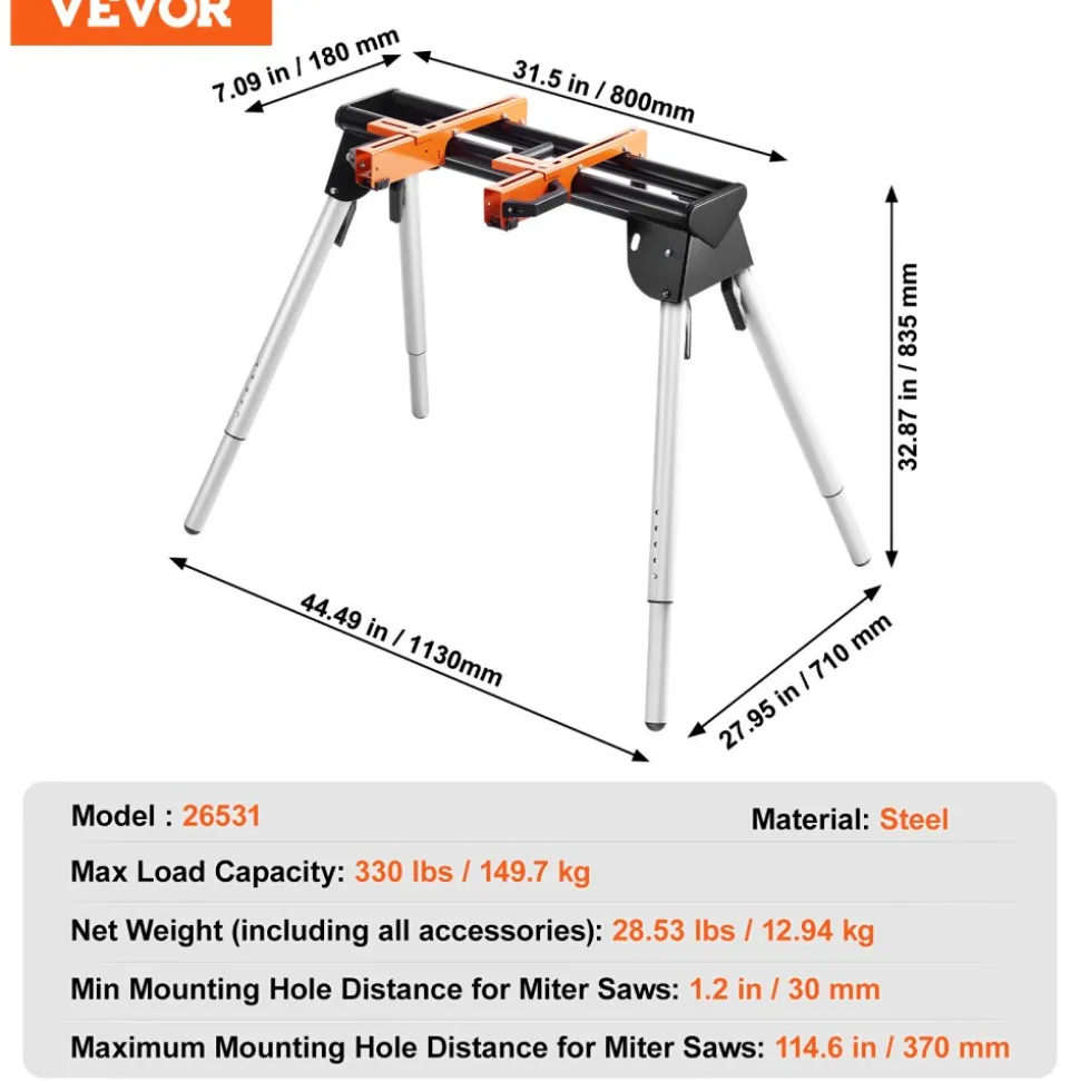 VEVOR Miter Saw Stand, 330lbs Load Capacity Steel Collapsible Stand for Miter Saw with One-piece Mounting Brackets Clamps, 29.1"-32.9" Adjustable Height, Portable Compact and Folding Miter Saw Stand