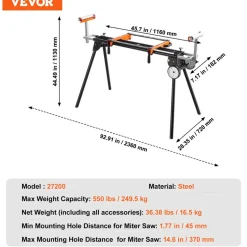 VEVOR Miter Saw Stand, 550lbs Load Capacity Steel Collapsible Stand for Miter Saw with One-piece Mounting Brackets Clamps, Adjustable Height and Length, Portable Compact and Folding Miter Saw Stand
