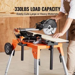 VEVOR Miter Saw Stand with Tabletop and Wheels, 330lbs Load Capacity Steel Collapsible Rolling Stand for Miter Saw, Adjustable Height and Length, Portable Compact and Folding Miter Saw Stand