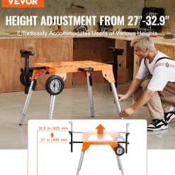 VEVOR Miter Saw Stand with Tabletop and Wheels, 330lbs Load Capacity Steel Collapsible Rolling Stand for Miter Saw, Adjustable Height and Length, Portable Compact and Folding Miter Saw Stand