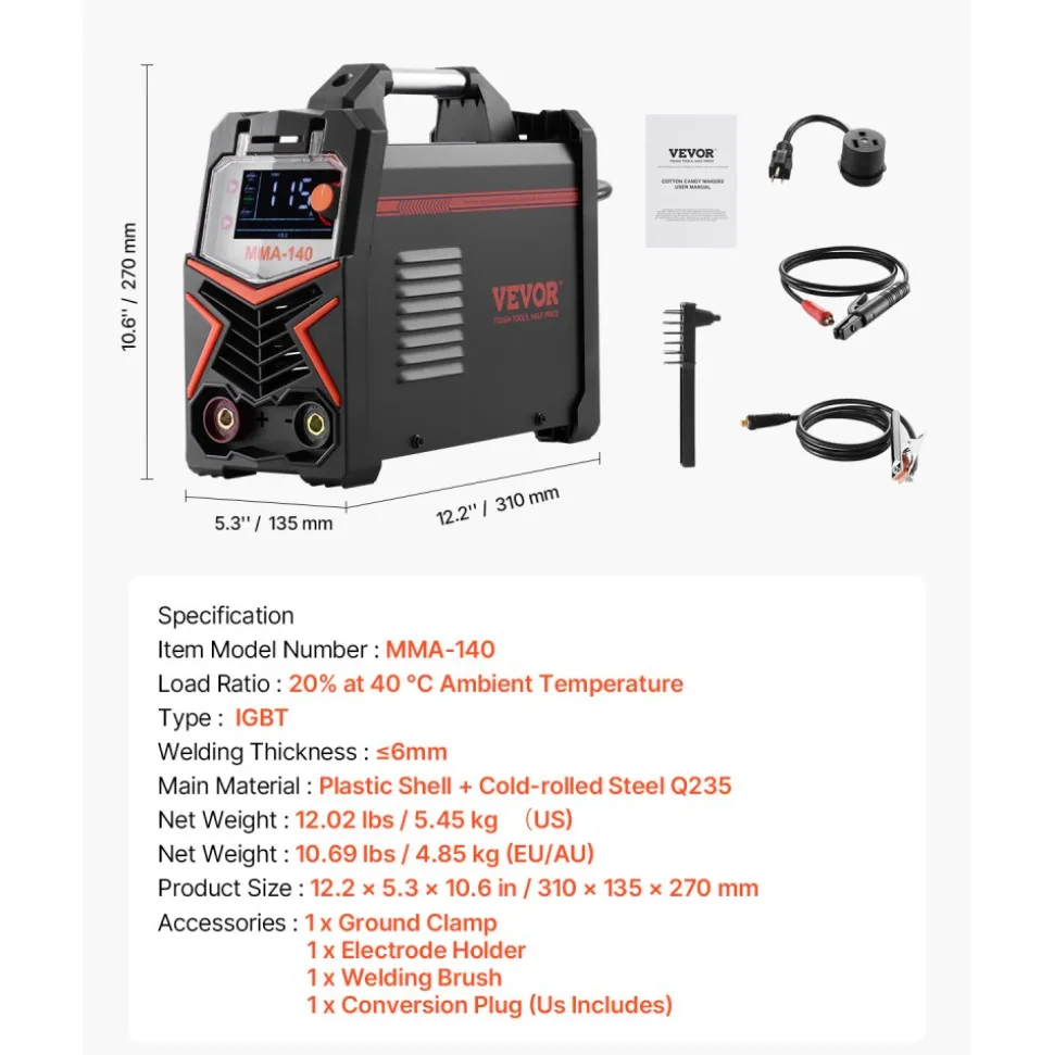 VEVOR MMA Welder, 140A 4-in-1 Welding Machine - MMA (Stick)/DC Pulse MMA/DC Pulse TIG/Lift TIG, 110 & 220V Dual Voltage Electric Welder with LED Display, Synergic Control, IGBT Inverter Hot Start