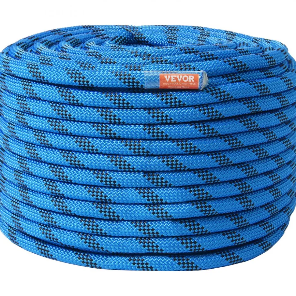 VEVOR 12.7mm Static Climbing Rope, 45.7M(150ft) Outdoor Rock Climbing Rope 30KN Breaking Tension, Fiber Rope with Steel Snap Hooks for Escape, Rappelling, Fire Rescue, Blue