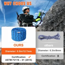 VEVOR 12.7mm Static Climbing Rope, 45.7M(150ft) Outdoor Rock Climbing Rope 30KN Breaking Tension, Fiber Rope with Steel Snap Hooks for Escape, Rappelling, Fire Rescue, Blue