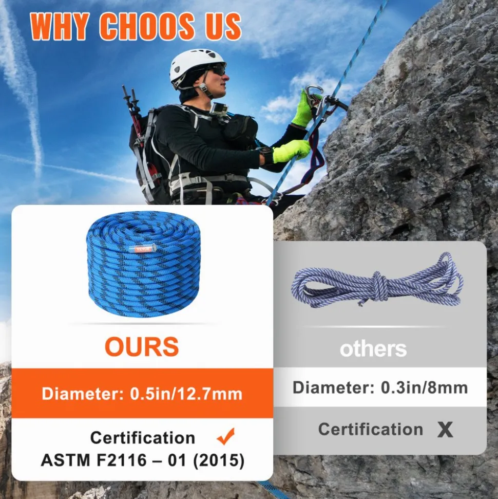 VEVOR 12.7mm Static Climbing Rope, 45.7M(150ft) Outdoor Rock Climbing Rope 30KN Breaking Tension, Fiber Rope with Steel Snap Hooks for Escape, Rappelling, Fire Rescue, Blue