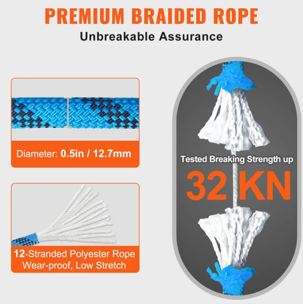 VEVOR 12.7mm Static Climbing Rope, 45.7M(150ft) Outdoor Rock Climbing Rope 30KN Breaking Tension, Fiber Rope with Steel Snap Hooks for Escape, Rappelling, Fire Rescue, Blue