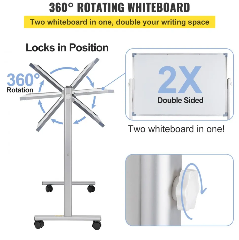 VEVOR Mobile Magnetic Whiteboard, 36 x 24 Inch, Double Sided, 360 Degree Reversible Rolling Dry Erase Board, Height Adjustable with Aluminum Frame and Lockable Swivel Wheels, for Office School Home