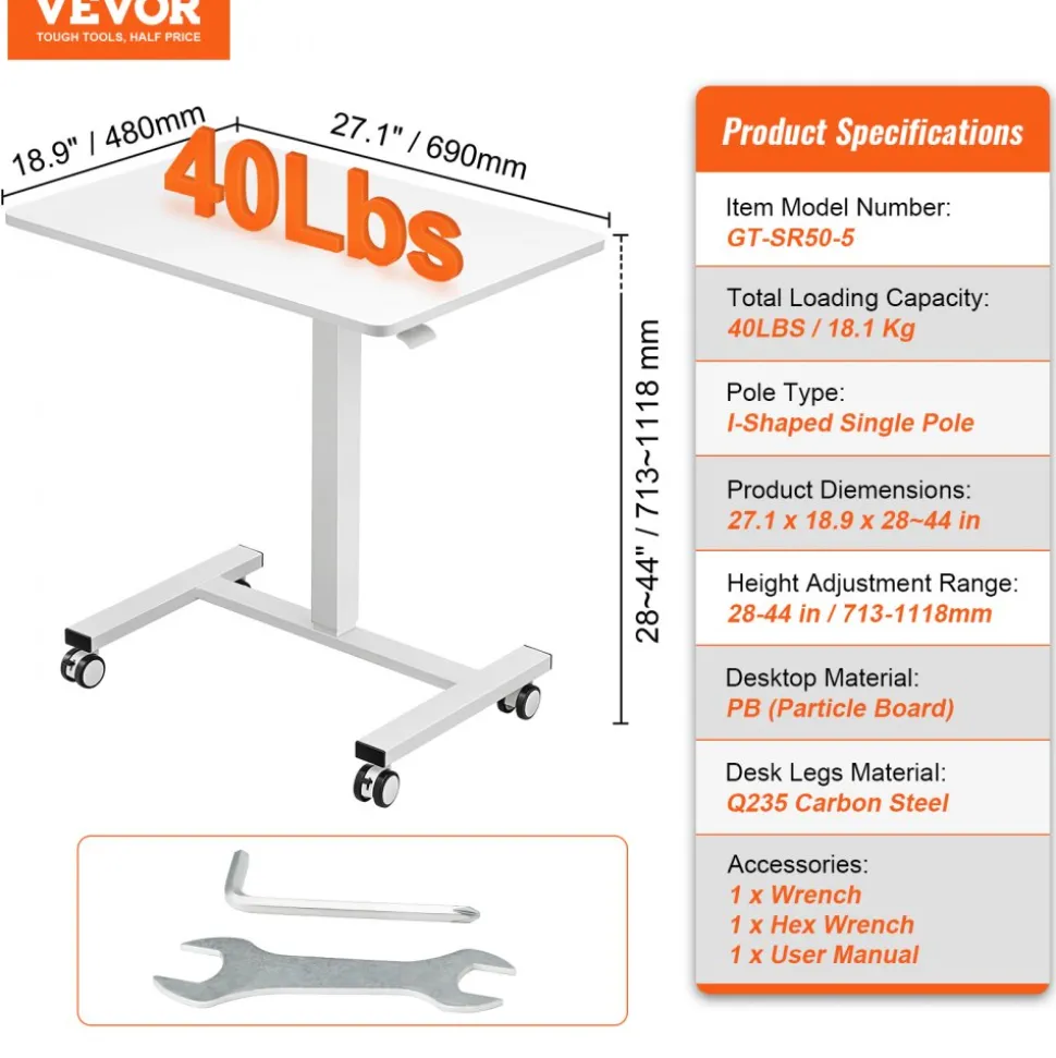 VEVOR Mobile Standing Desk, 28"-44" Gas-Spring Height Adjustable Sit-Stand Desk, 4 360° Swivel Wheels (2 Lockable) Portable Rolling Laptop Table Computer Cart for Home Office School, 40LBS Loading