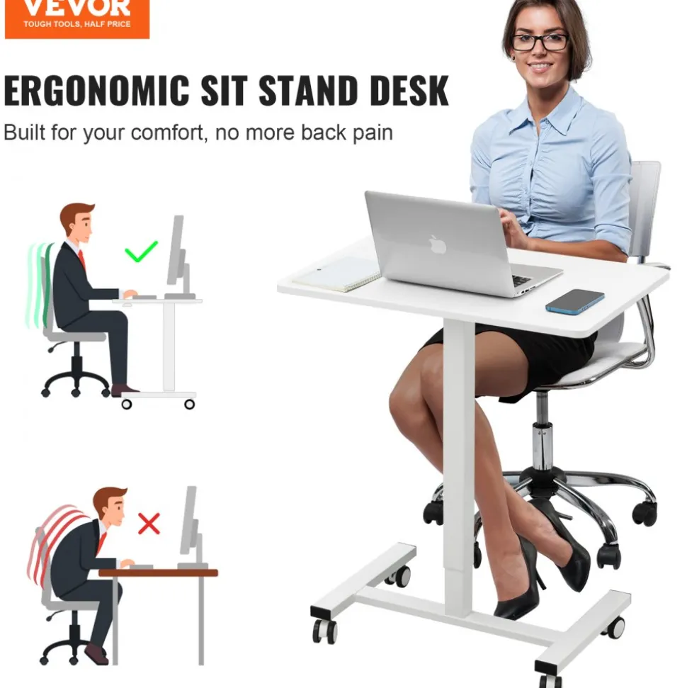 VEVOR Mobile Standing Desk, 28"-44" Gas-Spring Height Adjustable Sit-Stand Desk, 4 360° Swivel Wheels (2 Lockable) Portable Rolling Laptop Table Computer Cart for Home Office School, 40LBS Loading