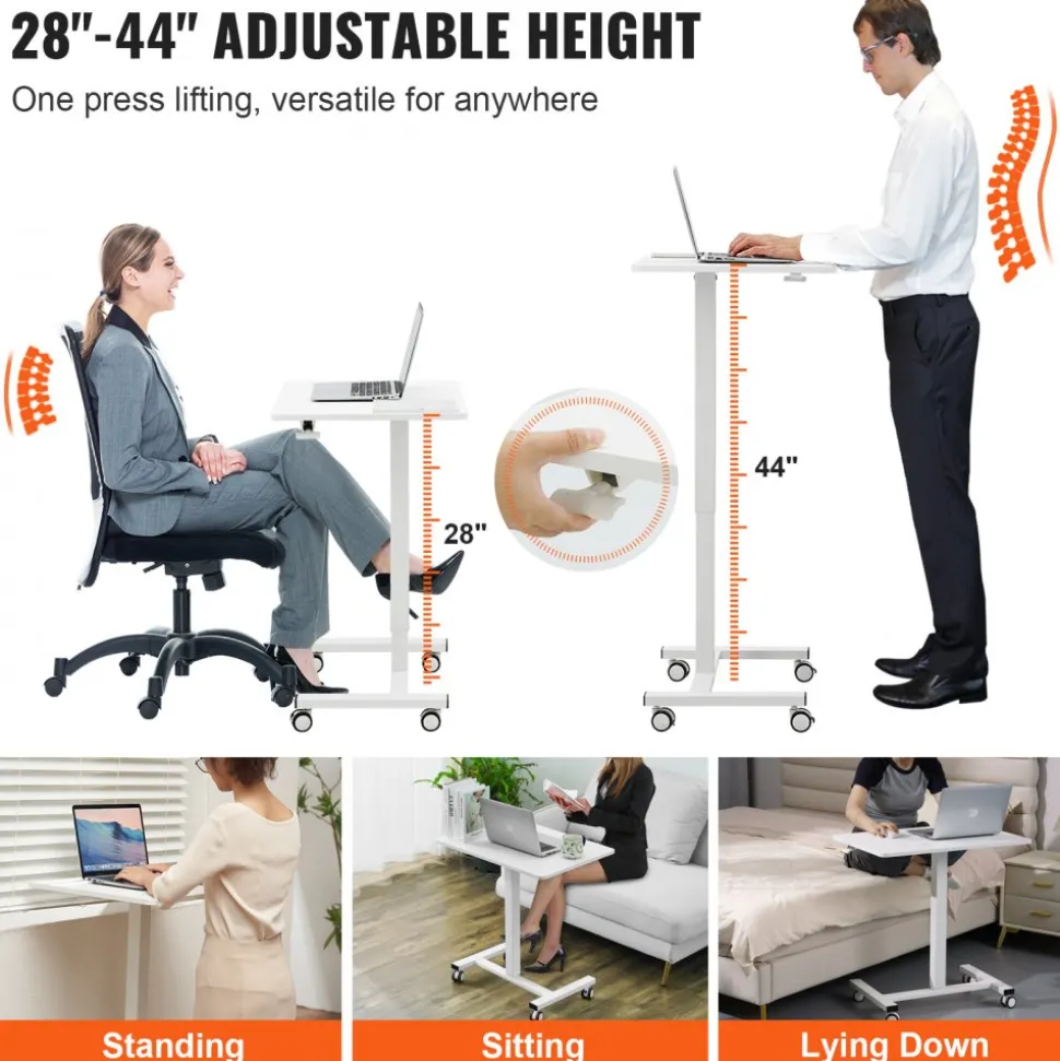 VEVOR Mobile Standing Desk, 28"-44" Gas-Spring Height Adjustable Sit-Stand Desk, 4 360° Swivel Wheels (2 Lockable) Portable Rolling Laptop Table Computer Cart for Home Office School, 40LBS Loading
