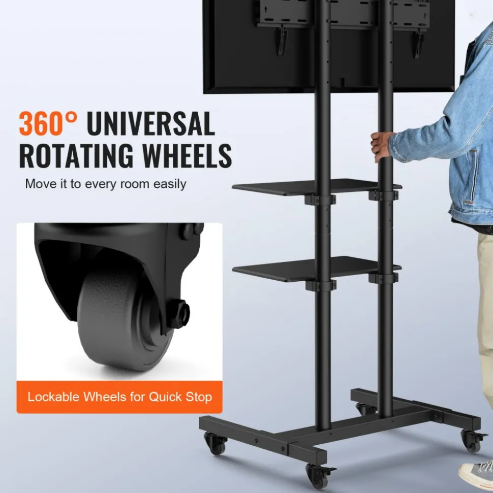 VEVOR Mobile TV Stand, Mobile TV Cart for 32 to 70 inch TVs, Height Adjustable Portable TV Stand with Wheels, Double Tray for Audio-Visual Devices, Rolling TV Stand with Mount for Bedroom, Living Room