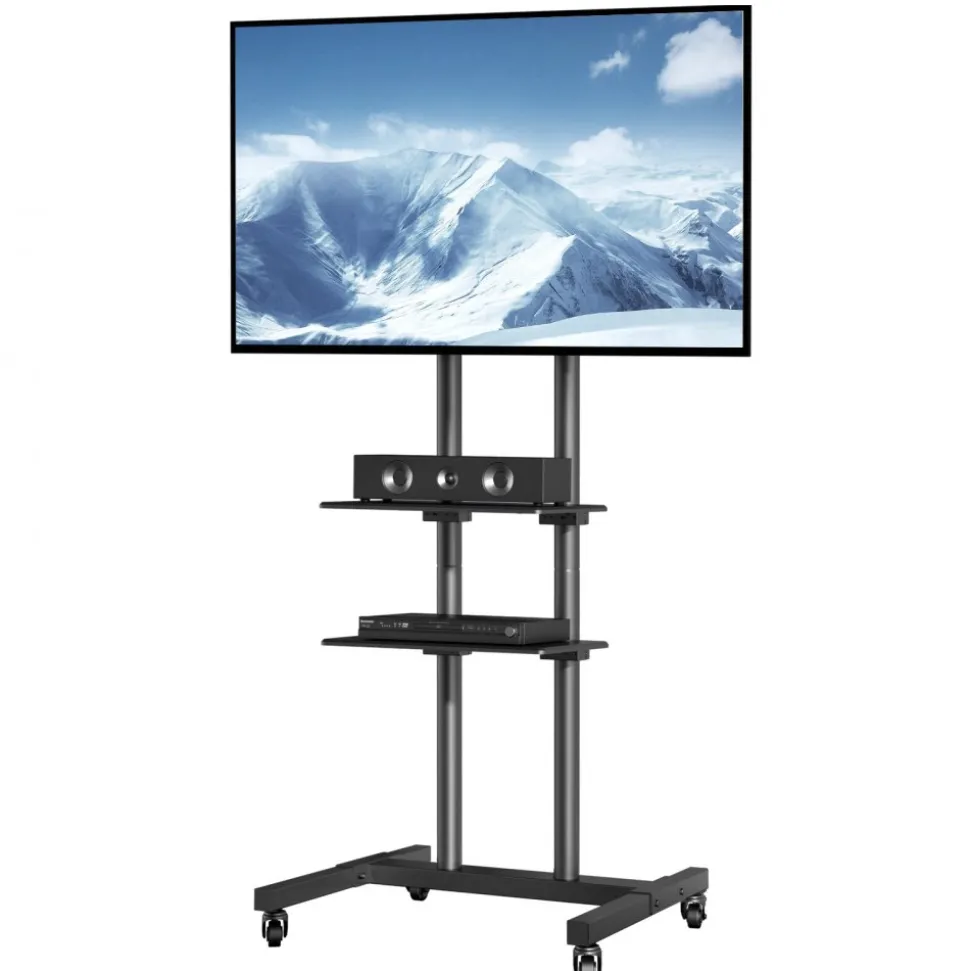 VEVOR Mobile TV Stand, Mobile TV Cart for 32 to 70 inch TVs, Height Adjustable Portable TV Stand with Wheels, Double Tray for Audio-Visual Devices, Rolling TV Stand with Mount for Bedroom, Living Room
