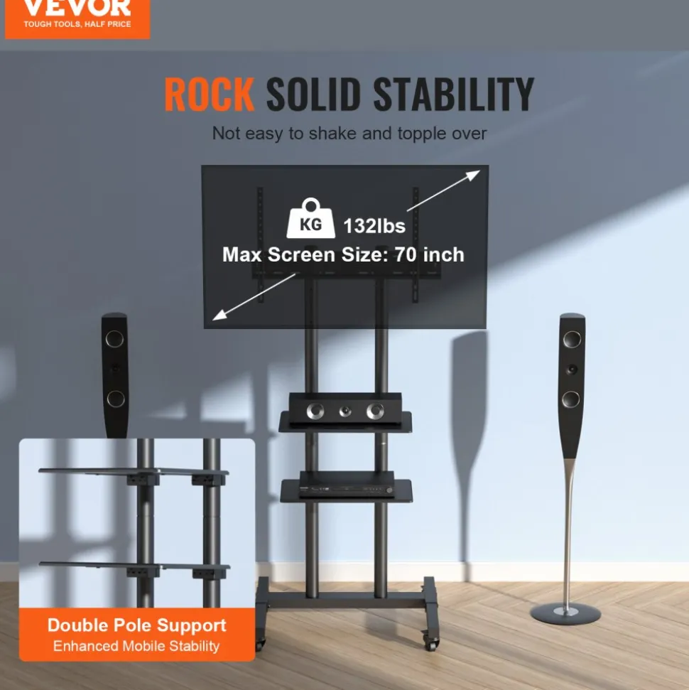 VEVOR Mobile TV Stand, Mobile TV Cart for 32 to 70 inch TVs, Height Adjustable Portable TV Stand with Wheels, Double Tray for Audio-Visual Devices, Rolling TV Stand with Mount for Bedroom, Living Room