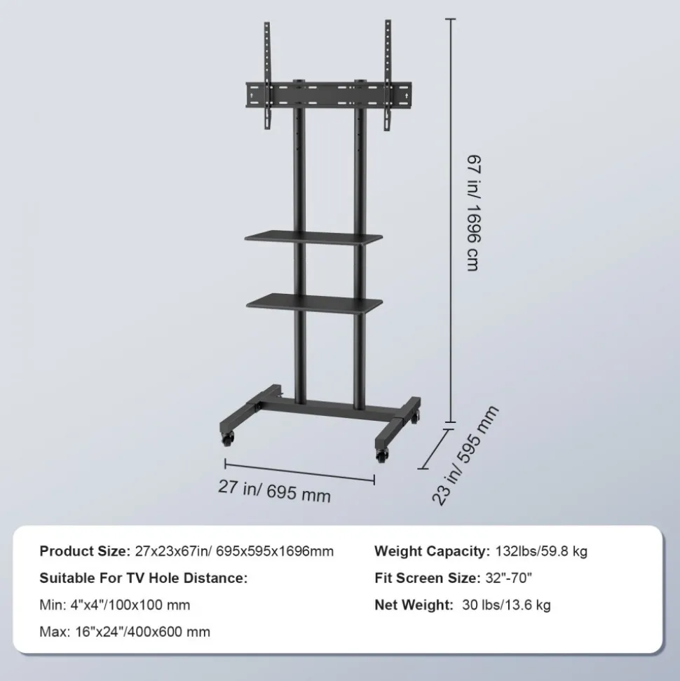 VEVOR Mobile TV Stand, Mobile TV Cart for 32 to 70 inch TVs, Height Adjustable Portable TV Stand with Wheels, Double Tray for Audio-Visual Devices, Rolling TV Stand with Mount for Bedroom, Living Room