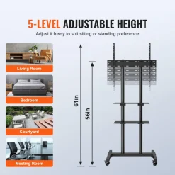 VEVOR Mobile TV Stand, Mobile TV Cart for 32 to 70 inch TVs, Height Adjustable Portable TV Stand with Wheels, Double Tray for Audio-Visual Devices, Rolling TV Stand with Mount for Bedroom, Living Room