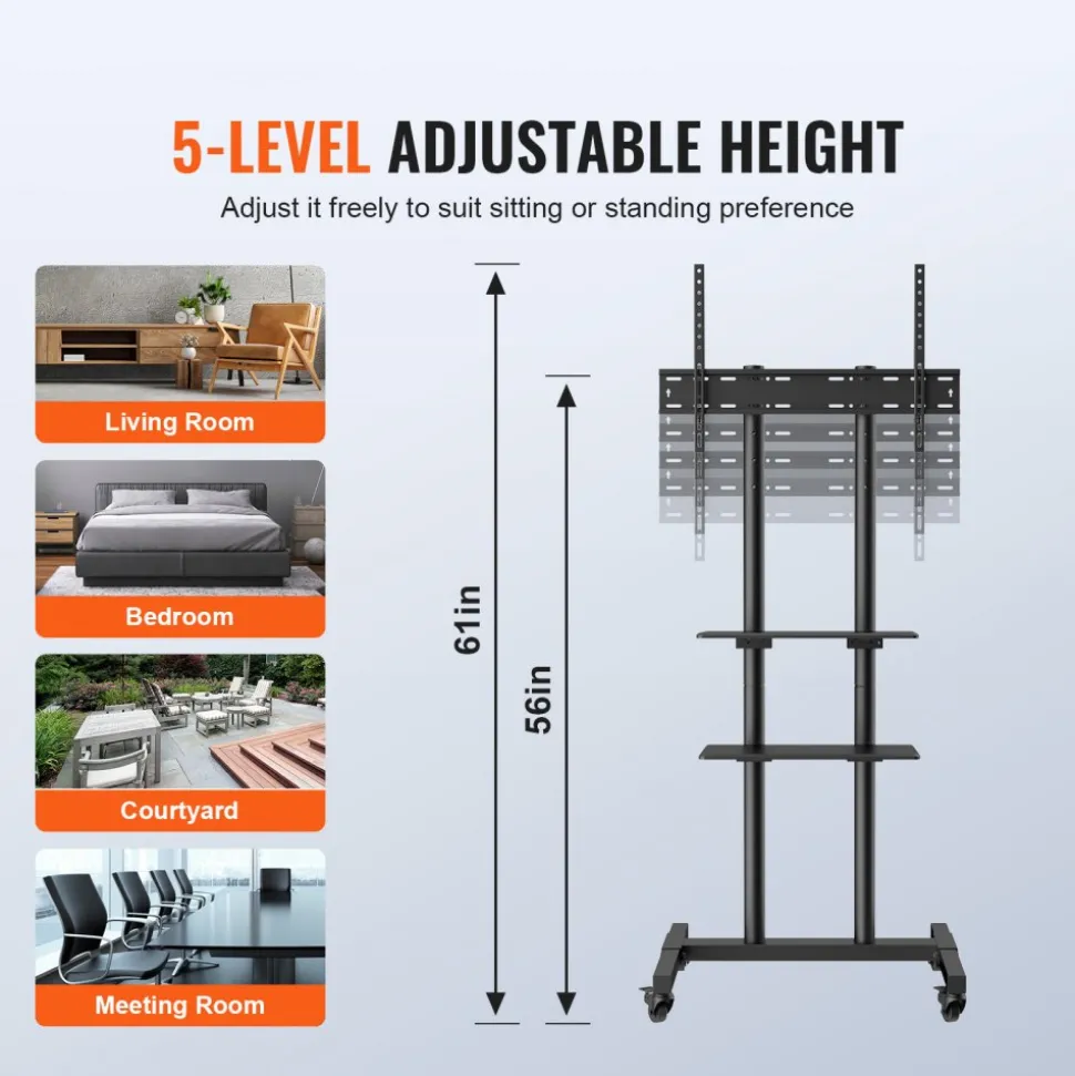 VEVOR Mobile TV Stand, Mobile TV Cart for 32 to 70 inch TVs, Height Adjustable Portable TV Stand with Wheels, Double Tray for Audio-Visual Devices, Rolling TV Stand with Mount for Bedroom, Living Room