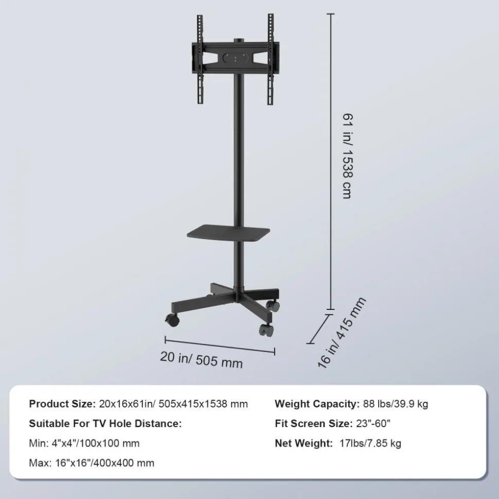 VEVOR Mobile TV Stand, Mobile TV Cart for 23 to 60 inch TVs, Height Adjustable Portable TV Stand with Wheels, with A Tray for Audio-Visual Devices, Rolling TV Stand with Mount for Bedroom, Living Room