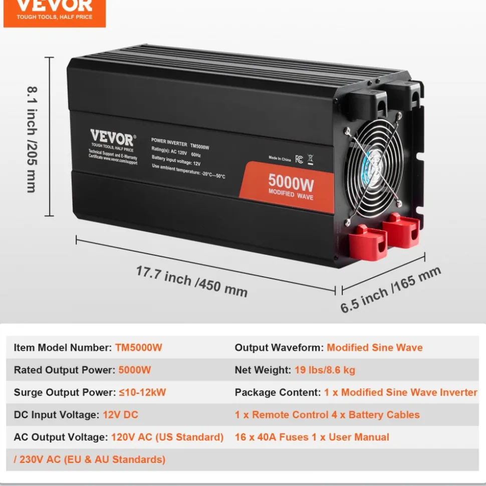 VEVOR Modified Sine Wave Inverter, 5000W, DC 12V to AC 120V Power Inverter with 6 AC Outlets 2 USB Port 1 Type-C Port, LCD Display and Remote Controller for High Load Home Appliances, CE FCC Certified
