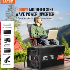 VEVOR Modified Sine Wave Inverter, 5000W, DC 12V to AC 120V Power Inverter with 6 AC Outlets 2 USB Port 1 Type-C Port, LCD Display and Remote Controller for High Load Home Appliances, CE FCC Certified