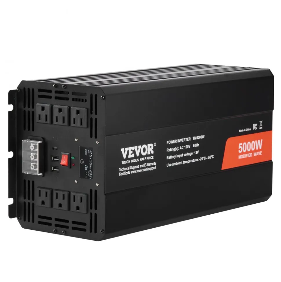 VEVOR Modified Sine Wave Inverter, 5000W, DC 12V to AC 120V Power Inverter with 6 AC Outlets 2 USB Port 1 Type-C Port, LCD Display and Remote Controller for High Load Home Appliances, CE FCC Certified