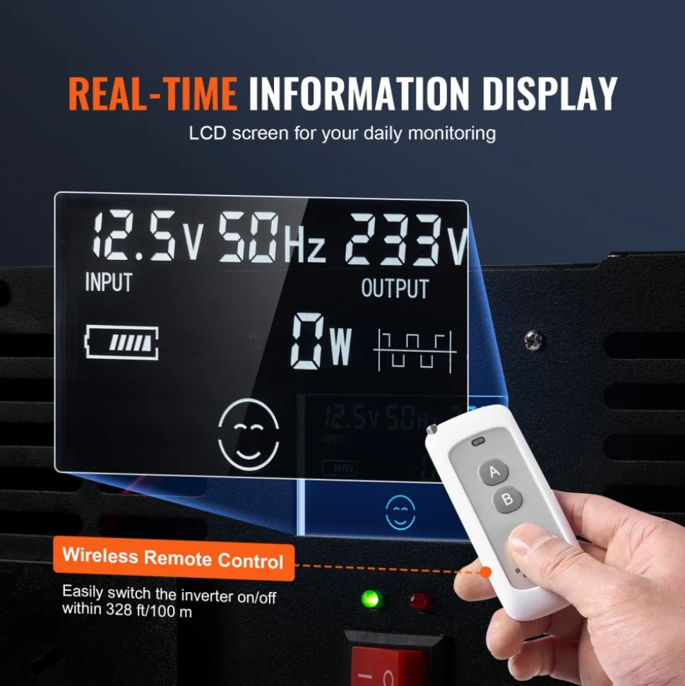 VEVOR Modified Sine Wave Inverter, 5000W, DC 12V to AC 120V Power Inverter with 6 AC Outlets 2 USB Port 1 Type-C Port, LCD Display and Remote Controller for High Load Home Appliances, CE FCC Certified