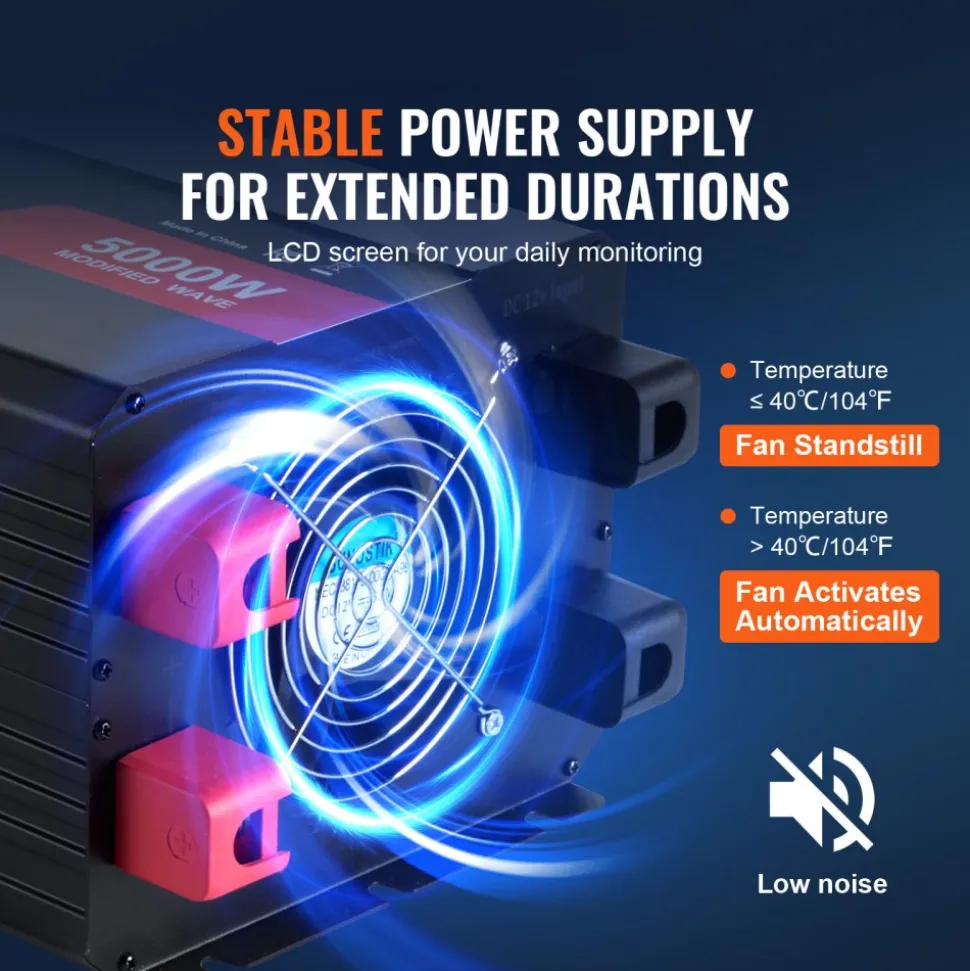 VEVOR Modified Sine Wave Inverter, 5000W, DC 12V to AC 120V Power Inverter with 6 AC Outlets 2 USB Port 1 Type-C Port, LCD Display and Remote Controller for High Load Home Appliances, CE FCC Certified