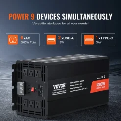 VEVOR Modified Sine Wave Inverter, 5000W, DC 12V to AC 120V Power Inverter with 6 AC Outlets 2 USB Port 1 Type-C Port, LCD Display and Remote Controller for High Load Home Appliances, CE FCC Certified