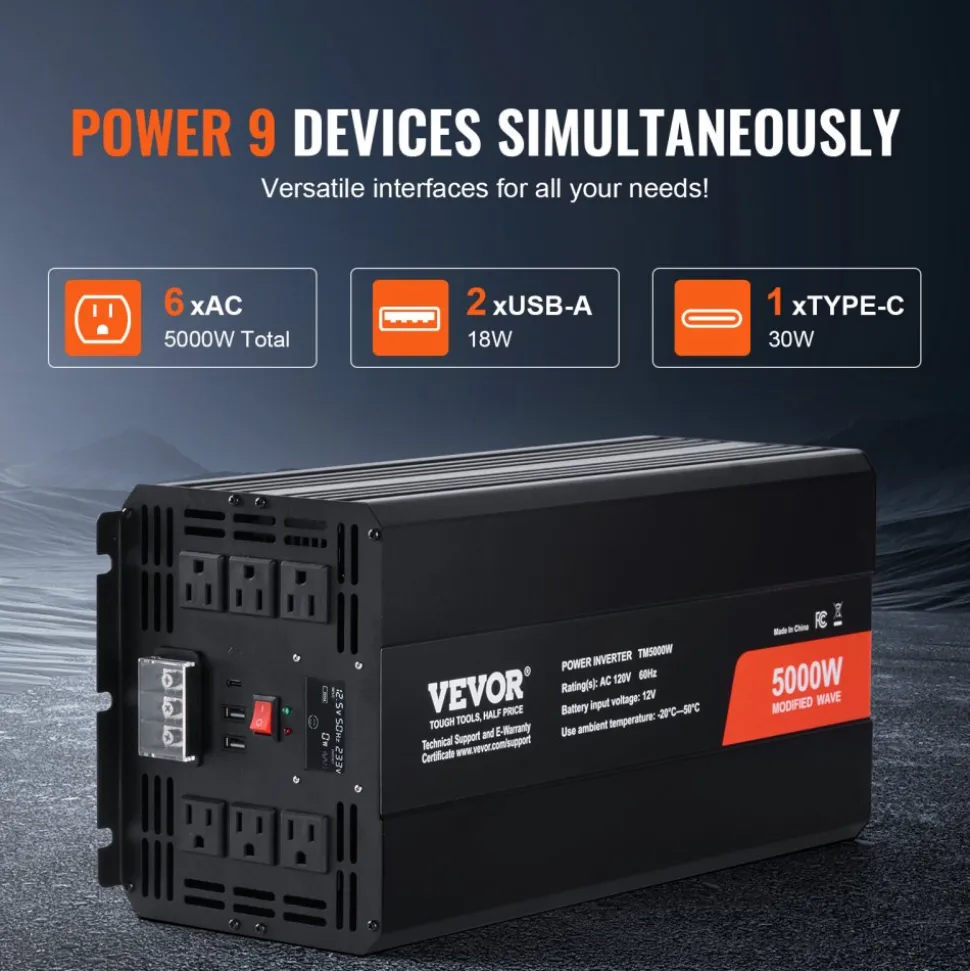 VEVOR Modified Sine Wave Inverter, 5000W, DC 12V to AC 120V Power Inverter with 6 AC Outlets 2 USB Port 1 Type-C Port, LCD Display and Remote Controller for High Load Home Appliances, CE FCC Certified